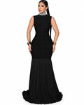 Robe longue Sirène noire à col perlé