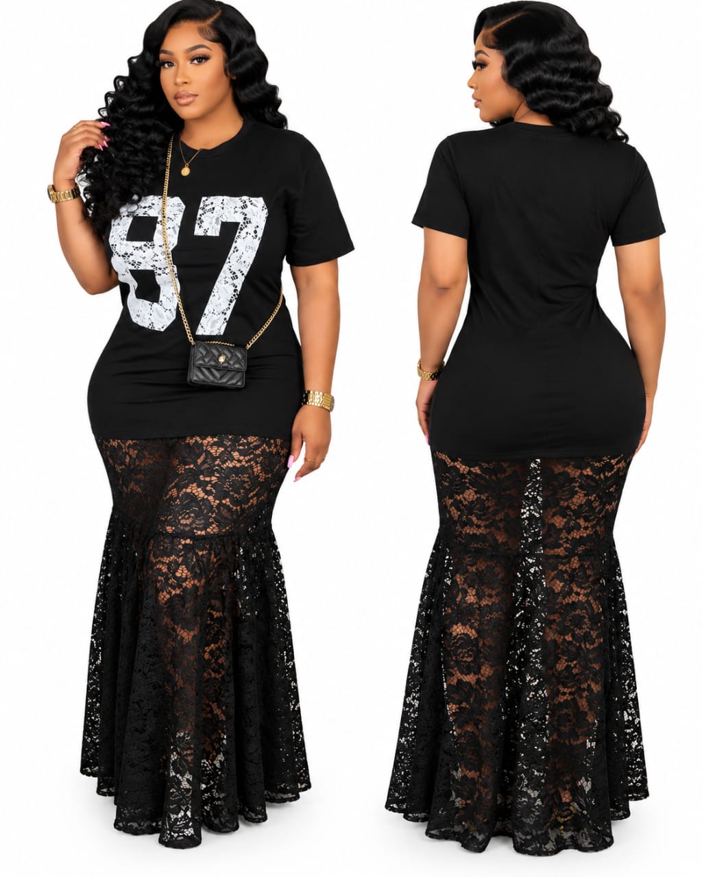 Robe T-shirt « 87 » à jupe sirène en dentelle