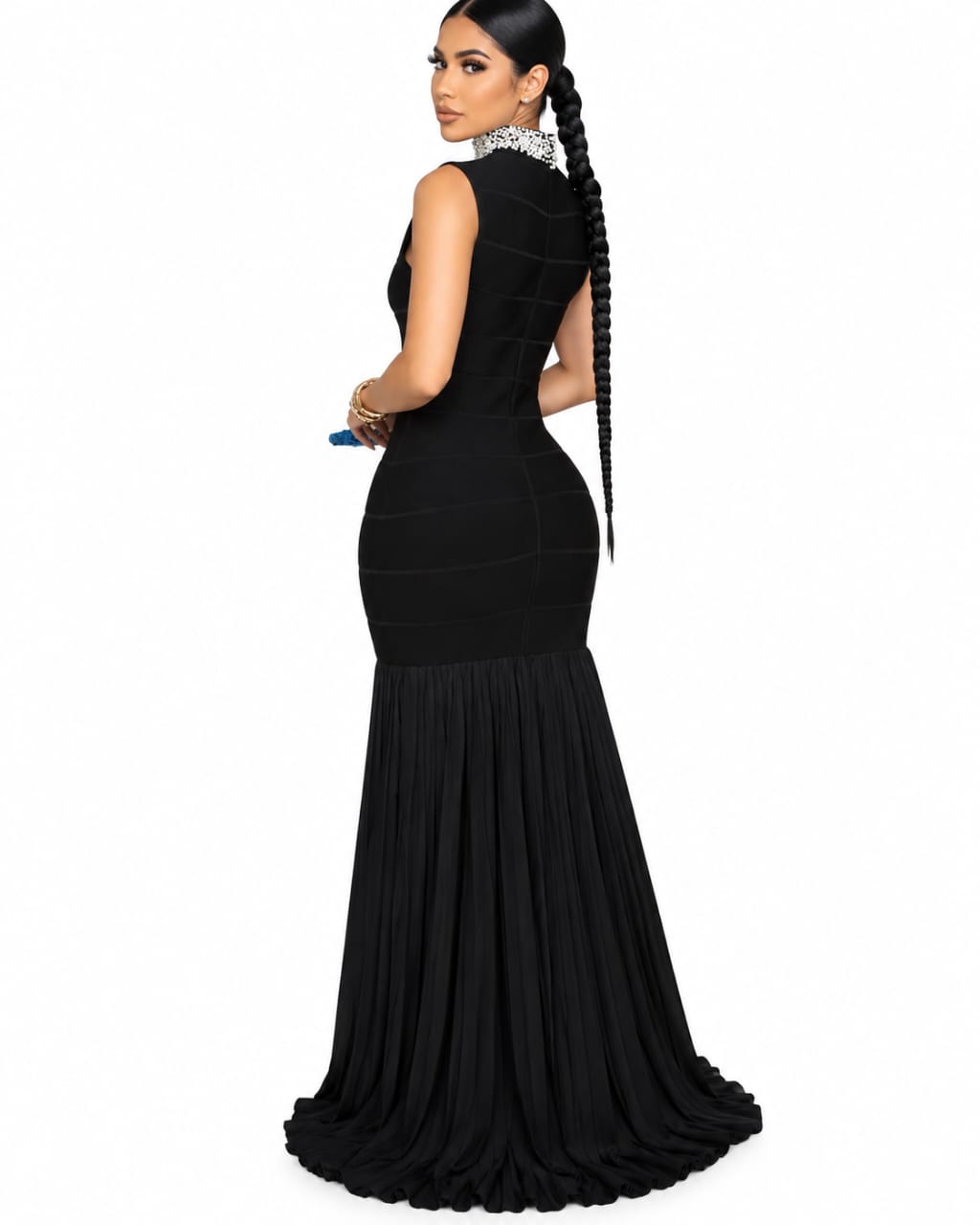 Robe longue Sirène noire à col perlé