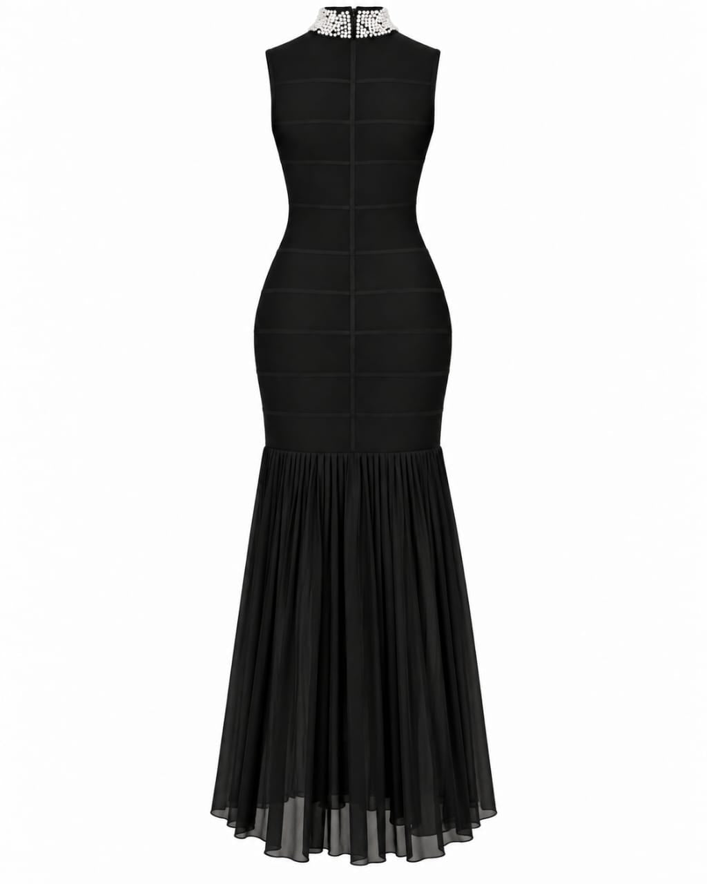 Robe longue Sirène noire à col perlé