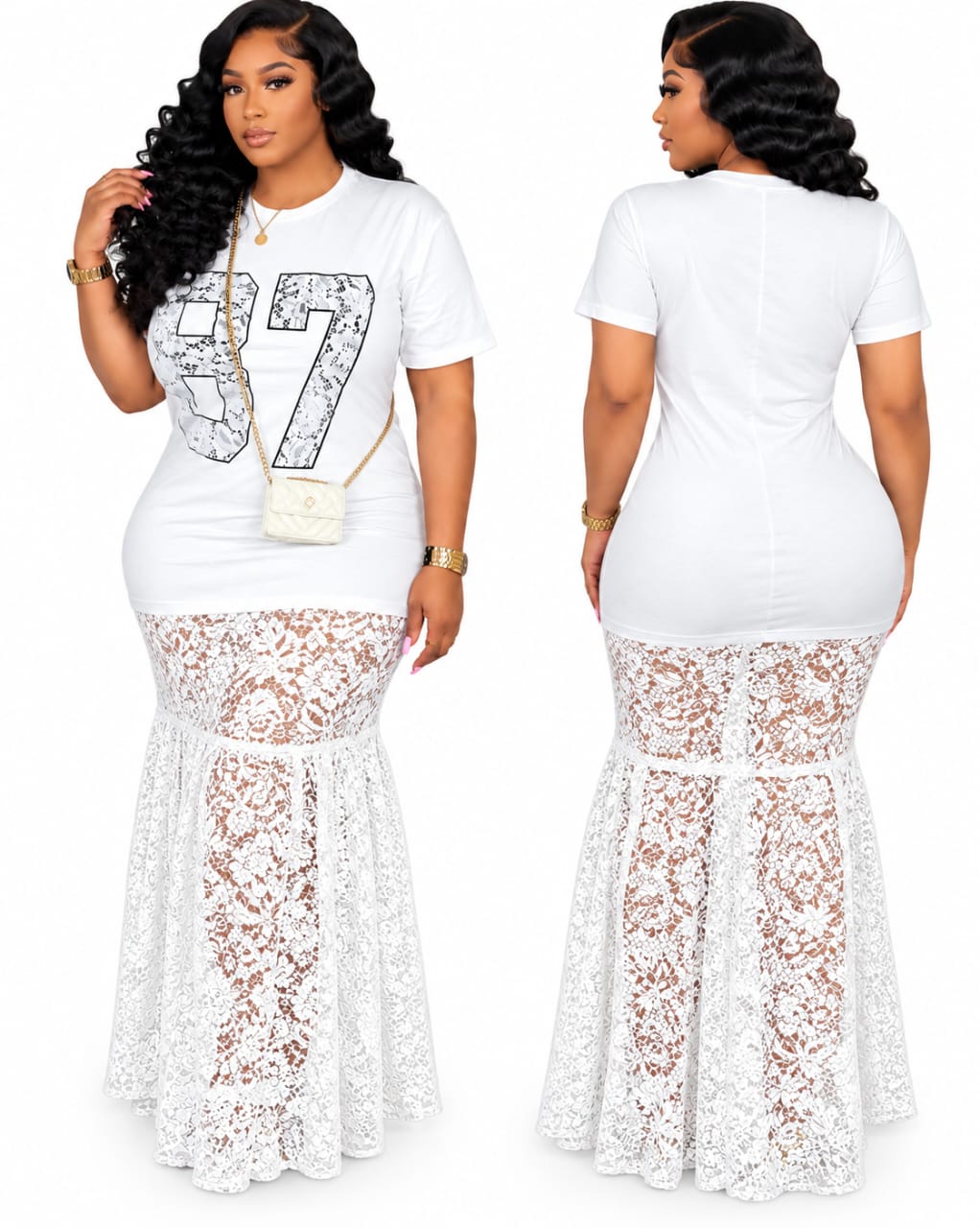 Robe T-shirt « 87 » à jupe sirène en dentelle