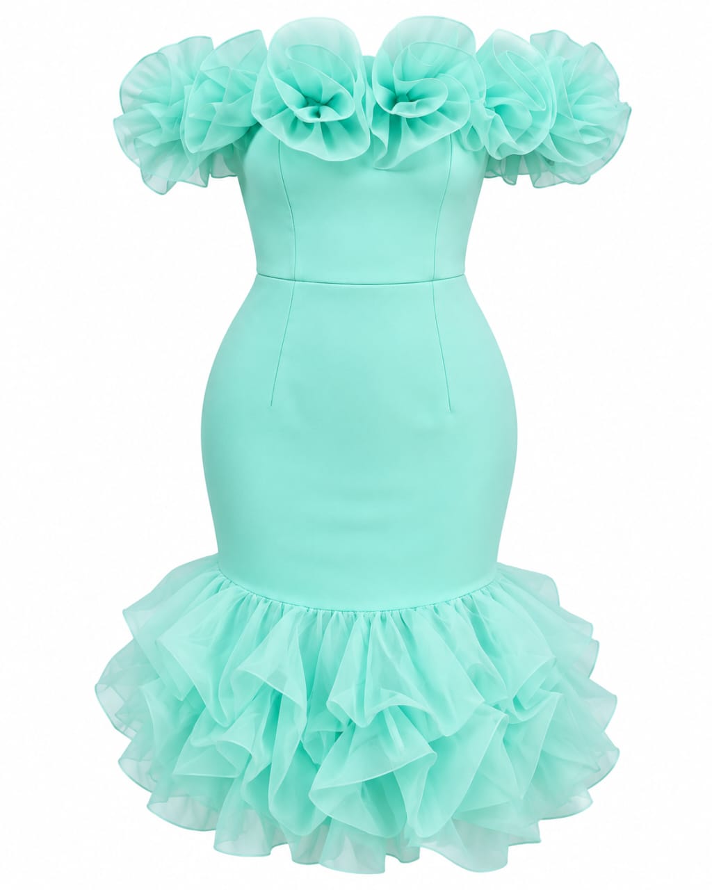 Robe Sirène Turquoise à volants d'organza