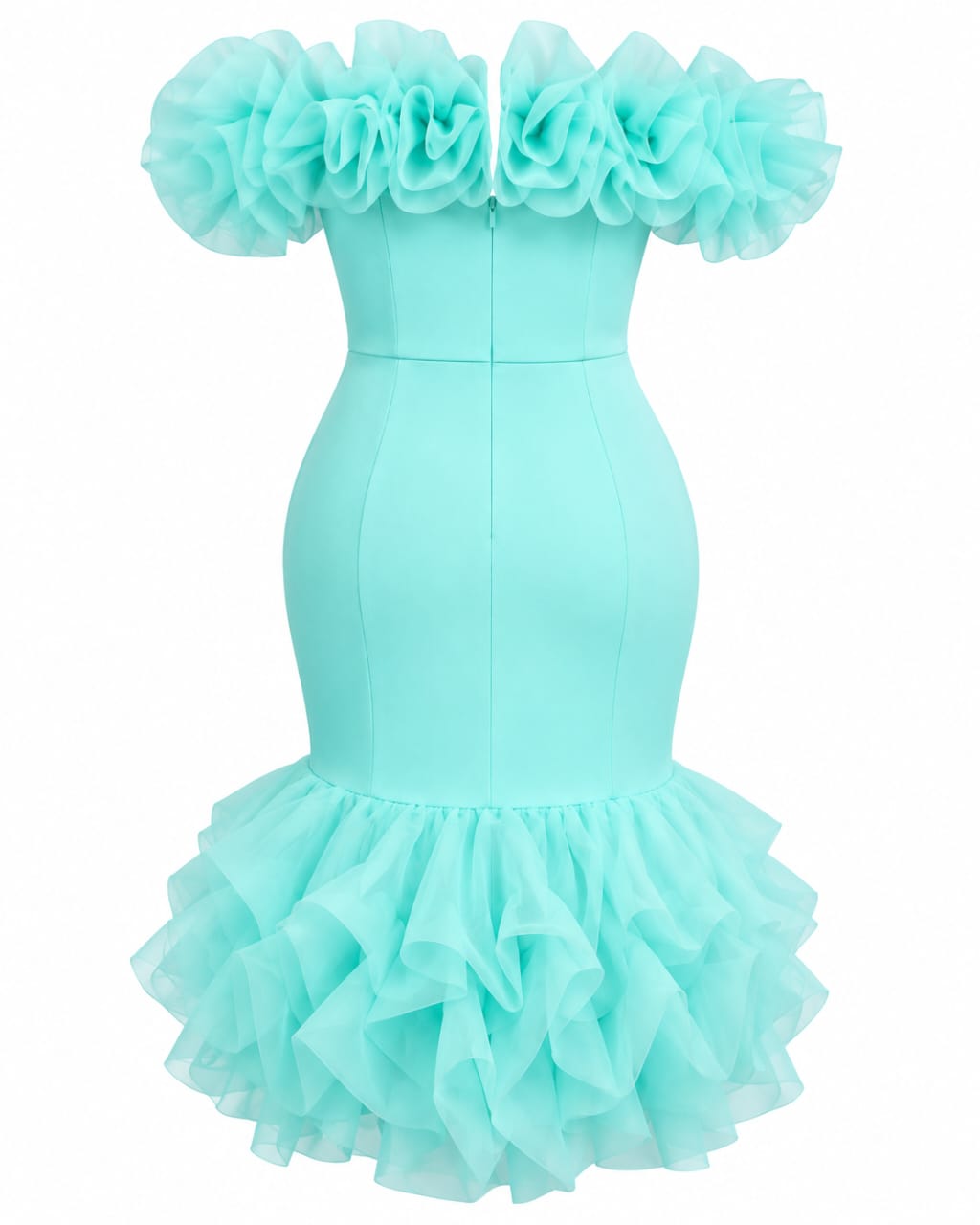 Robe Sirène Turquoise à volants d'organza