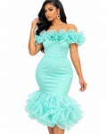 Robe Sirène Turquoise à volants d'organza