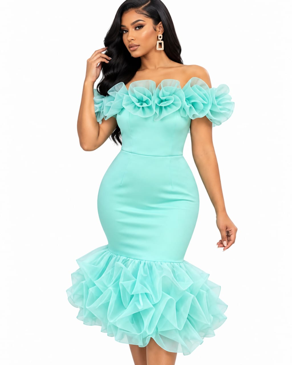 Robe Sirène Turquoise à volants d'organza