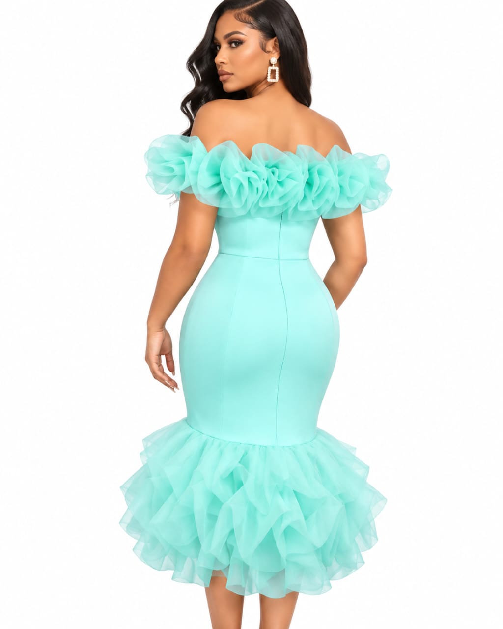 Robe Sirène Turquoise à volants d'organza
